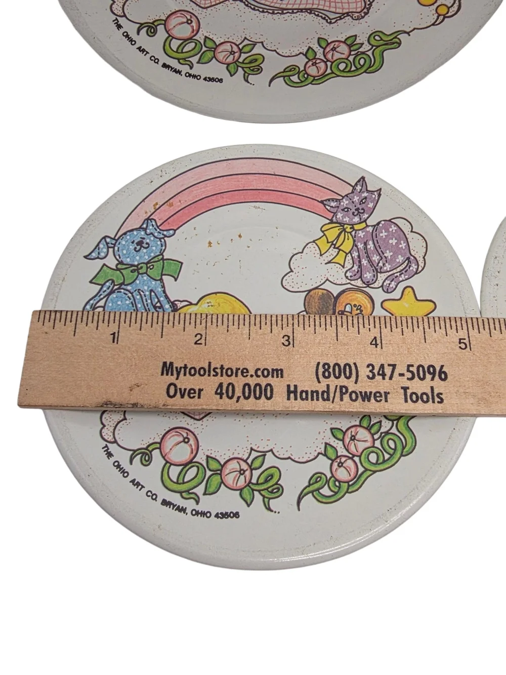 Vintage 1970s Sunnie Miss Pink Rainbow 8 Piece Tin Plate and Saucer Toy Set